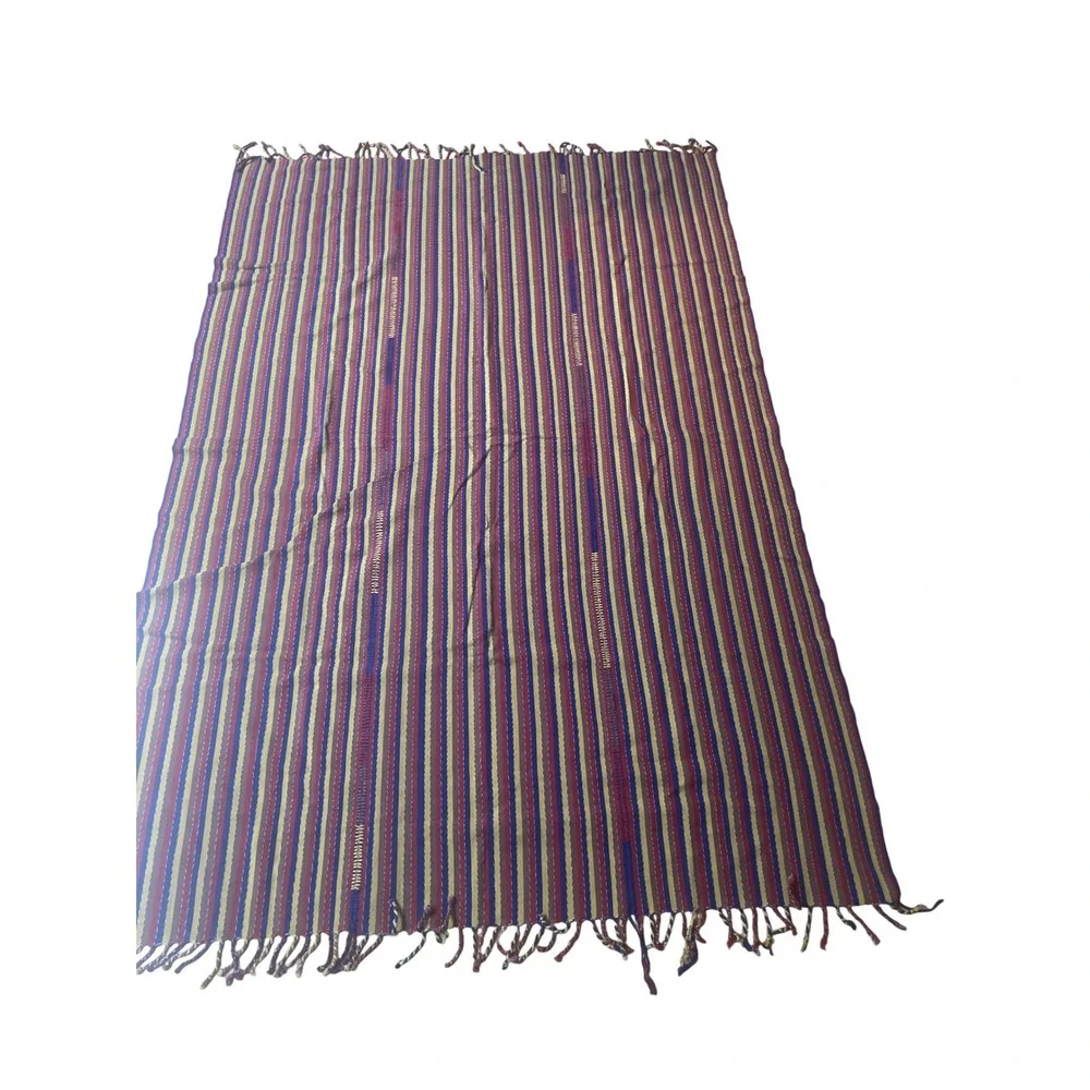 Vintage Handwoven Striped Textile Throw Blanket Fringe Multi-Color 77x52